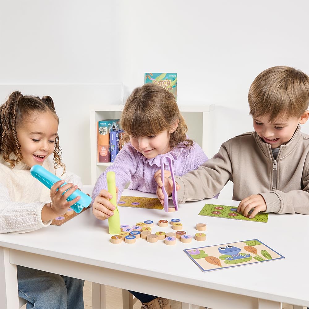 Miniland Board Game for Kids +5, Develops Fine Motor Skills, Come with Wooden Bugs, Tweezers and Game Boards, Children Memory and Pincer Grasp | Catch The Bug