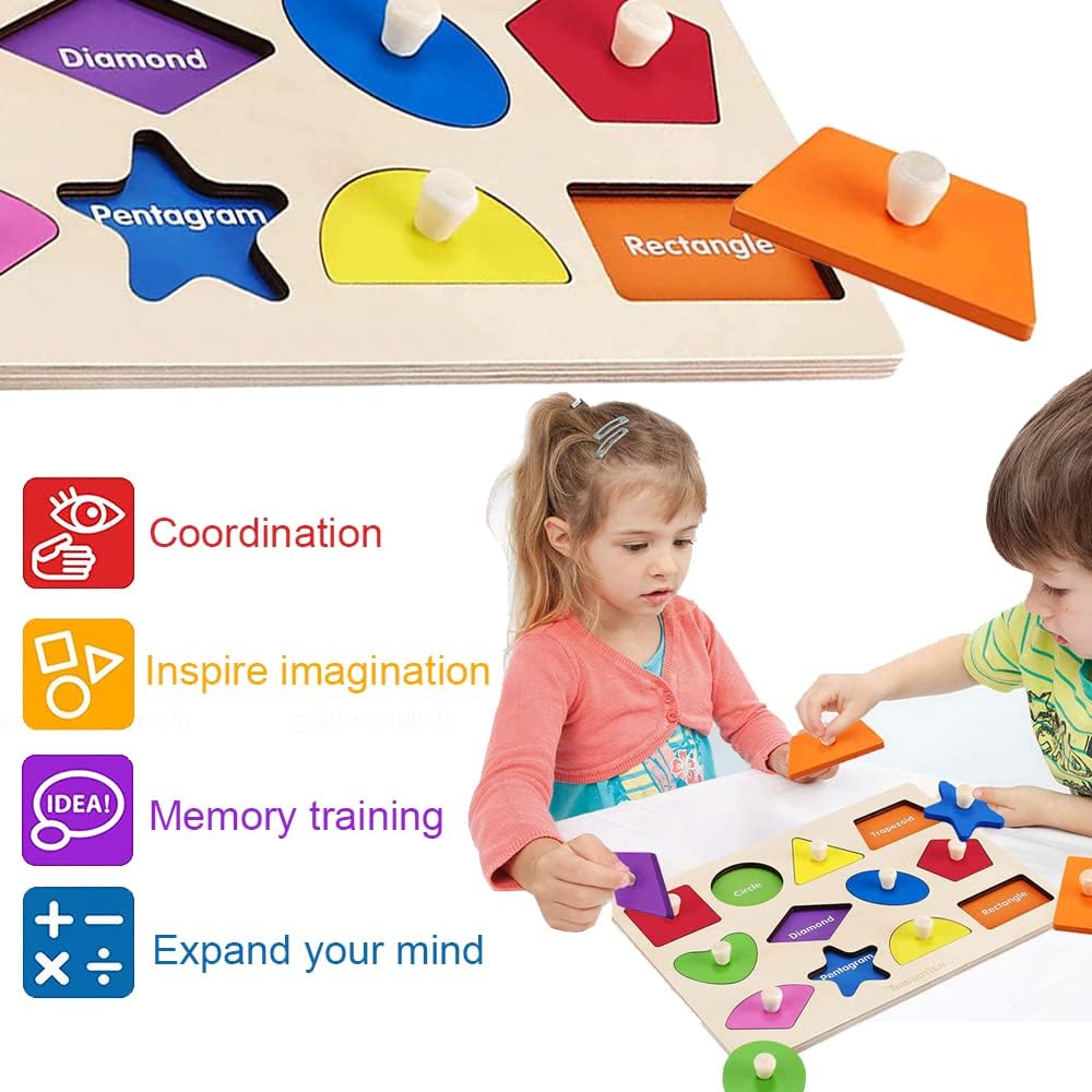 Montessori Toy Wooden Shape Peg Puzzles Montessori Baby Puzzle Geometric Shape Puzzle with Board Knob Preschool Wooden Puzzles for Toddlers 1-3 Year Old