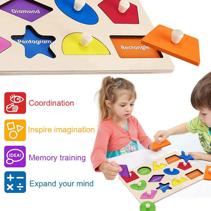 Montessori Toy Wooden Shape Peg Puzzles Montessori Baby Puzzle Geometric Shape Puzzle with Board Knob Preschool Wooden Puzzles for Toddlers 1-3 Year Old