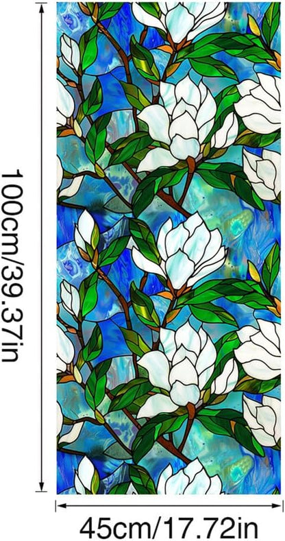 JOONOR Privacy Window Film Stained Glass Window Sticker Non-Adhesive Frosted Glass Film Decorative Magnolia Flower Pattern Static Cling Decals for Home UV Blocking/Heat Insulation 17.7 x 39.4 Inch
