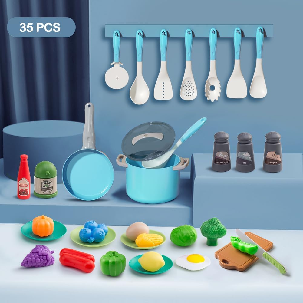 150Pcs Kitchen Playset, Toddlers Pretend Cooking Cookware Accessories, Food, Picnic Blanket, Fruits, Veges, 2Pack Shopping Storage Basket, Dessert and Prop Money, Gift for Kids (Pink)
