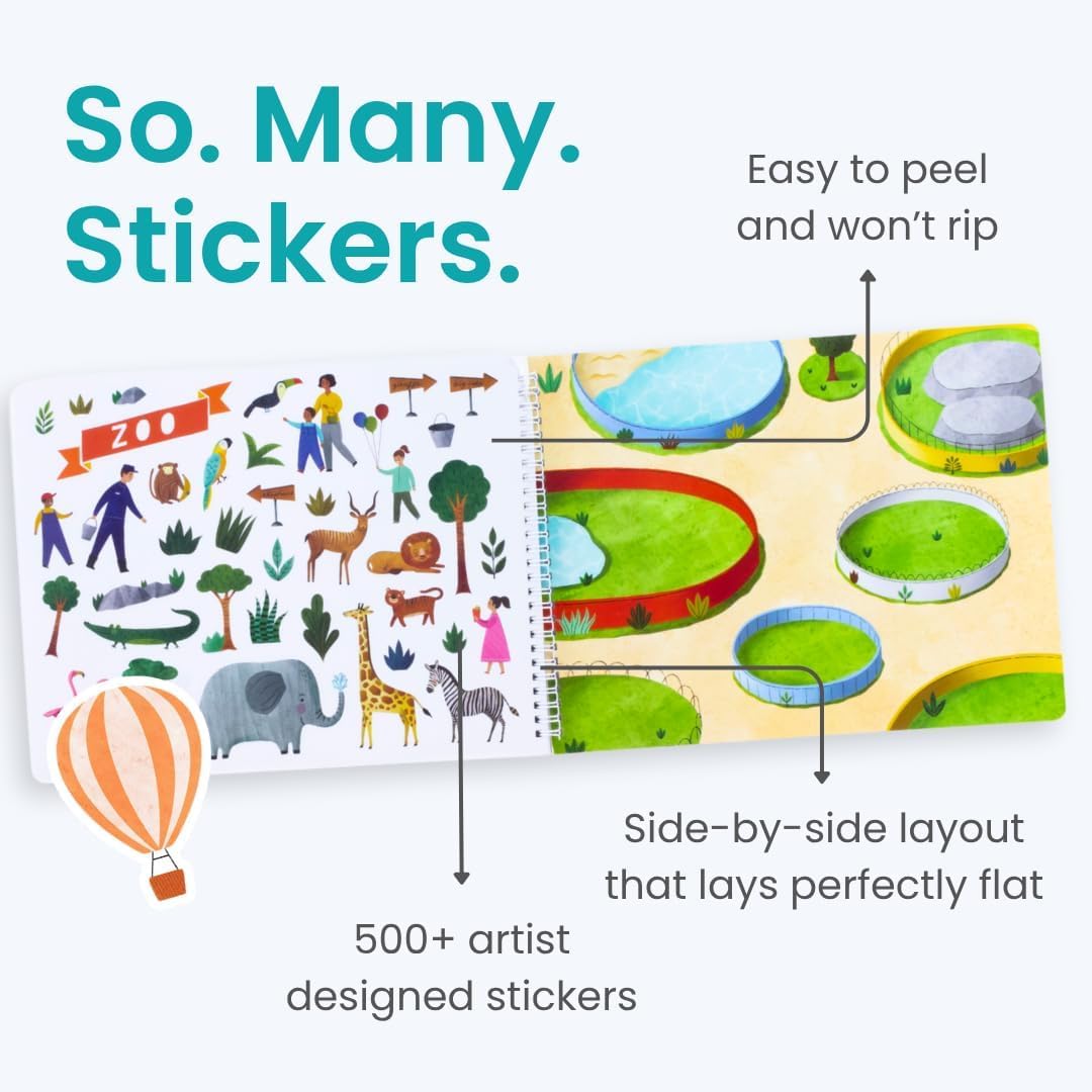 Animals Habitat 500+ Kids Sticker Book by Cupkin Toddler Airplane Travel Activity Coloring and Sticker Book, Road Trip Essentials, 12 Coloring Pages + 12 Scenes for Ages 2–8 Years - Colors B