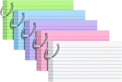 Index Cards 3x5 Inches, 300 PCS, Colored Flash Cards With Ring, Punched Lined Study Card Ruled Flashcards Notecards, Ruled Front And Blank Back, Note Card for School, College And Home