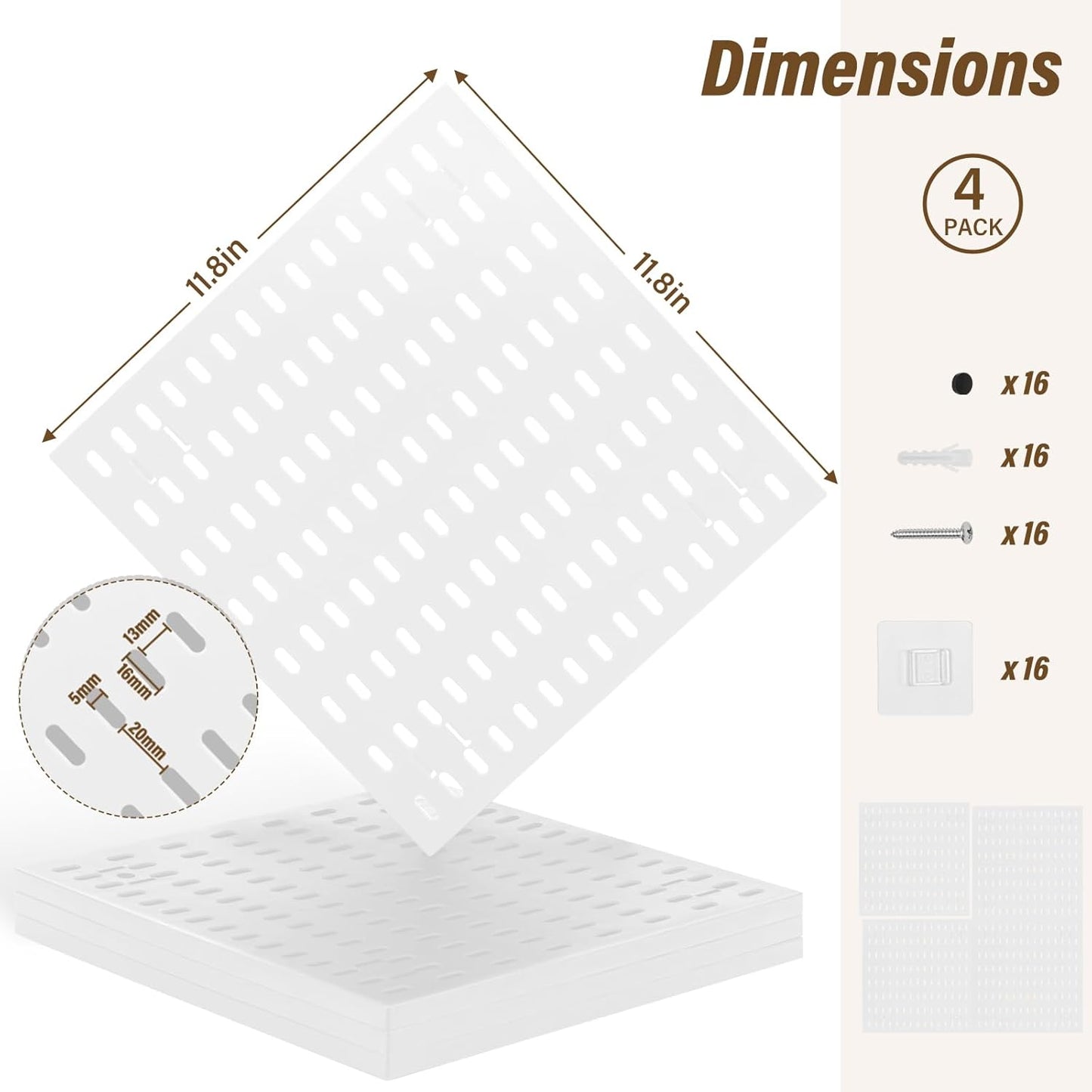 AKTOP Peg Board Wall Organizer 4-Pack – 12"x12" White Pegboard Combination Kit with 13 Accessories for Wall, Plastic Peg Board Panels for Home, Office, Garage Tool Storage & Craft Room