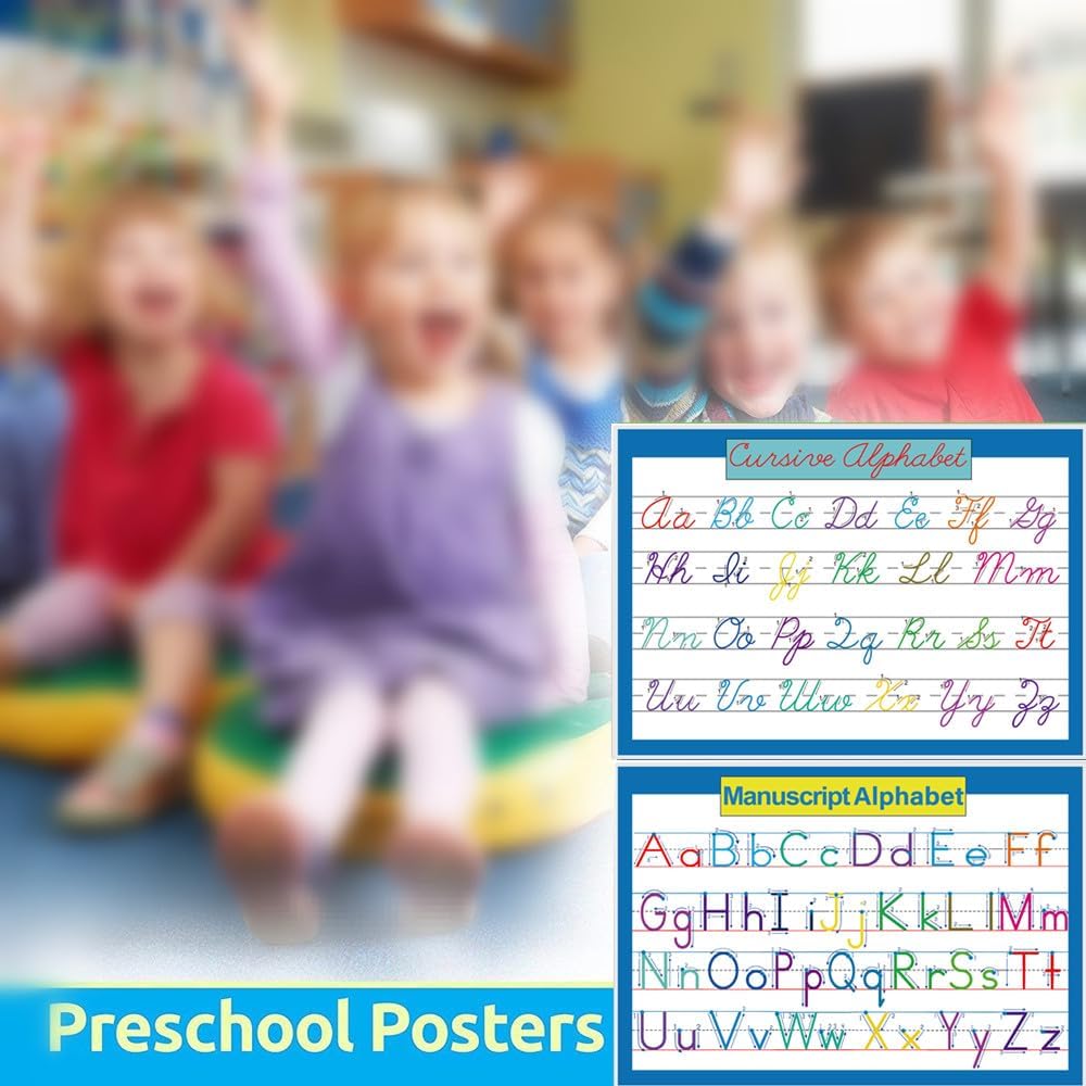 Cursive & Manuscript Alphabet Poster, Laminated, 3 Pcs A4; Charts(Manuscript, Cursive, Pencil Grip), Elementary Homeschool Decor and Teacher Supplies, Handwriting Bulletin Board Display