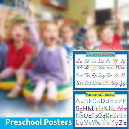 Cursive & Manuscript Alphabet Poster, Laminated, 3 Pcs A4; Charts(Manuscript, Cursive, Pencil Grip), Elementary Homeschool Decor and Teacher Supplies, Handwriting Bulletin Board Display
