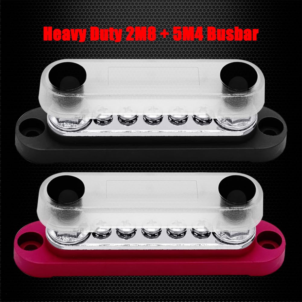 2 x #10 (M5) Studs Power Distribution Block with 5 x #8 (M4) Screws, Ampper 4.2" Bus Bar 12V Power Distribution Terminal Block Battery Busbar for Car Audio Solar (Red & Black)