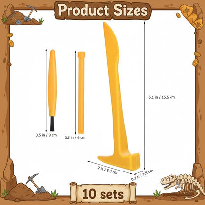 10 Set Excavation Tool Kit: Dino Fossils Dig Kit for Kids, Bulk Archaeology Dig Tools with Mini Hammer Chisel and Brush for Fossil Gem Digging, Science Toy