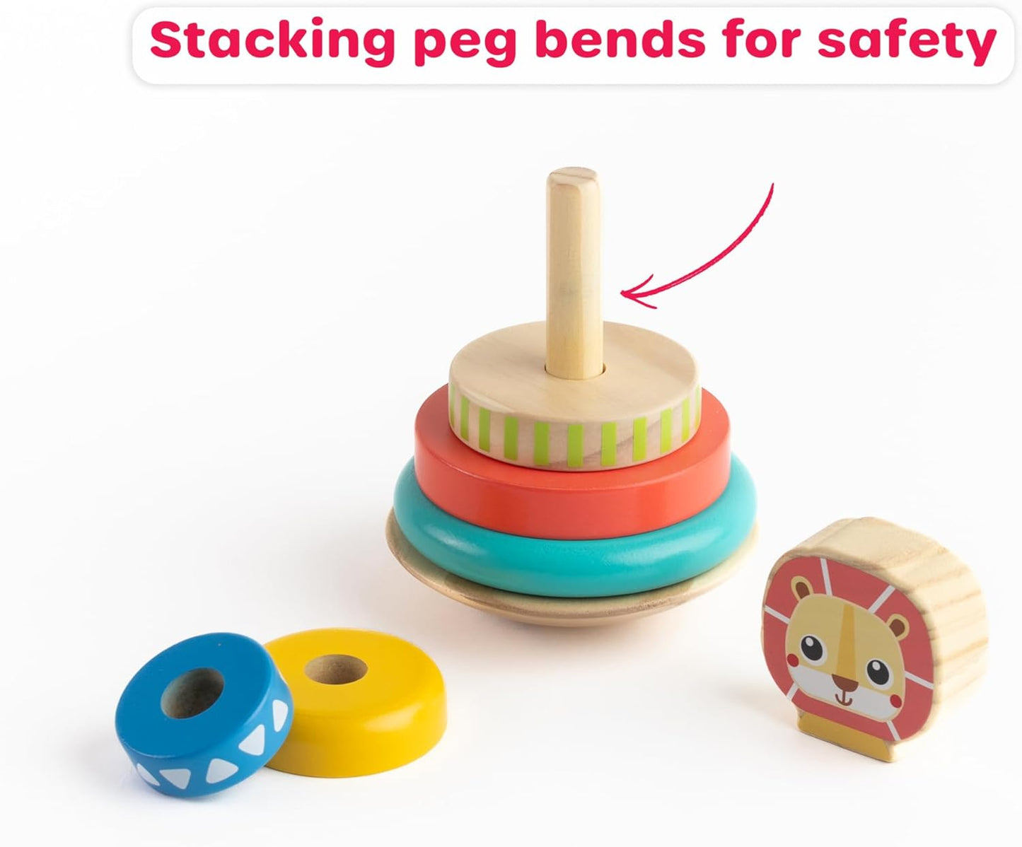 Jasey's Toy Chest Lion Stacking Rings | 7-Piece Wooden Stacker Toy with Colorful Rings & Lion Topper | Educational Toy for Toddlers Ages 12+ Months