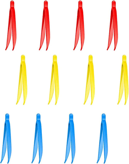 12 Count Plastic Tweezers for Kids,Science Nature Observation Tools for Students Spring Outing (Yellow Blue and Red)
