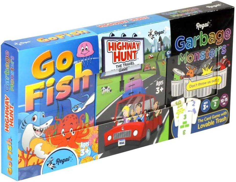 Regal Games - Go Fish, Garbage Monsters, Highway Hunt Card Games Set - Family-Friendly, Fun Card Games - Search & Find, Matching, Counting - Ages 3+ - Includes Game Cards & Instructions - 3 Pack