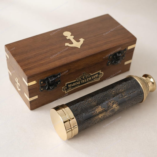 14" Handheld Brass Telescope with Engraved Imprints – Pirate Collection Spyglass with Wooden Box – Vintage Nautical Collectible, Antique Brass Pirate Scope Gift
