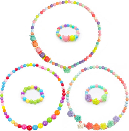 BigOtters Kindergarten Graduation Gifts, 3 Sets Toddler Necklace and Bracelet for Little Girls Colorful Beads Jewelry, Costume Dress up Princess Party Favors Preschool Class Rewards Bulk