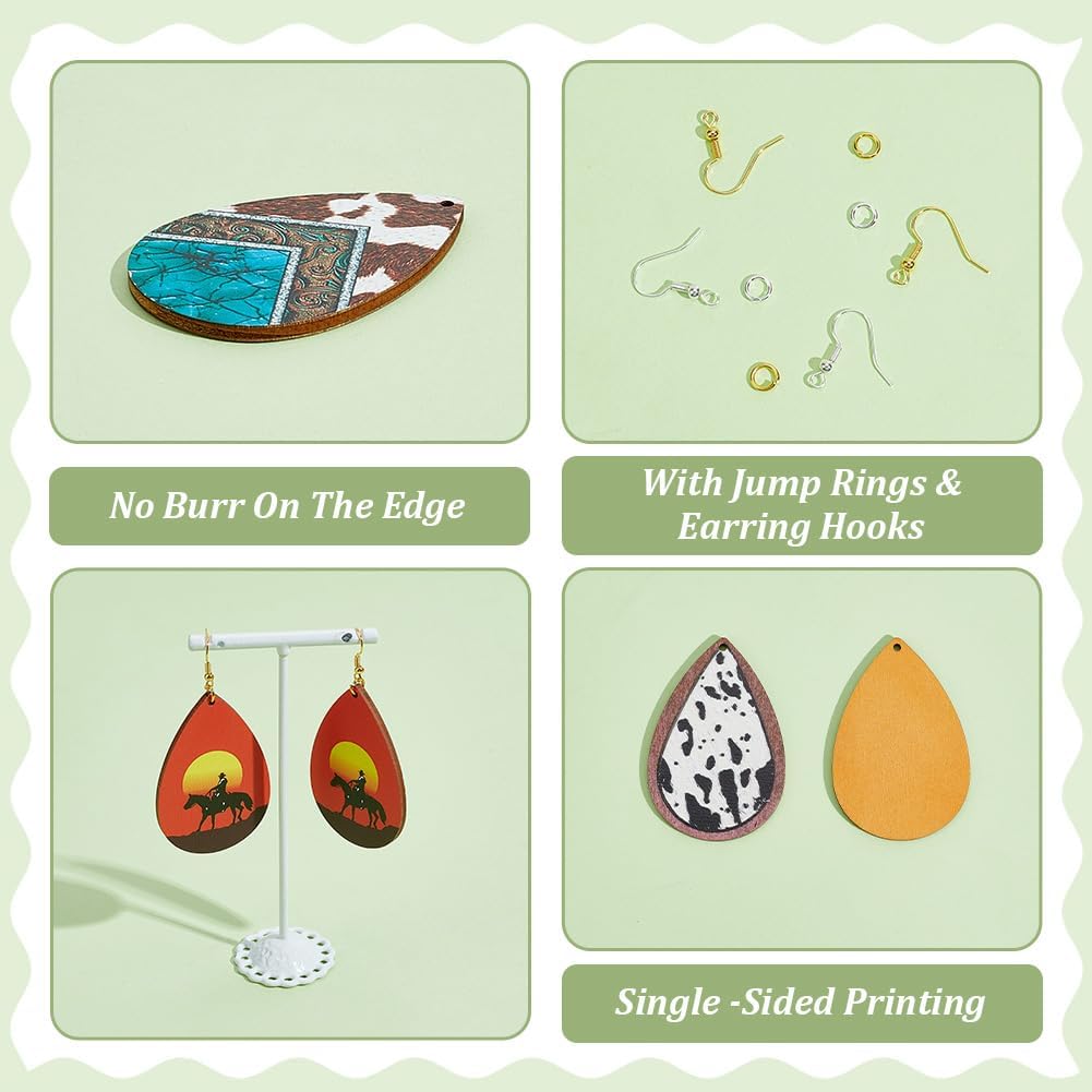 Wooden Dangle Earring Making Kit for Jewelry Making with 48Pcs 8 Western Style Wooden Colorful Pendants Teardrop Charms 48Pcs Earring Hook 100Pcs Jump Rings Gold Silver