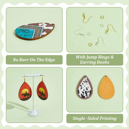 Wooden Dangle Earring Making Kit for Jewelry Making with 48Pcs 8 Western Style Wooden Colorful Pendants Teardrop Charms 48Pcs Earring Hook 100Pcs Jump Rings Gold Silver