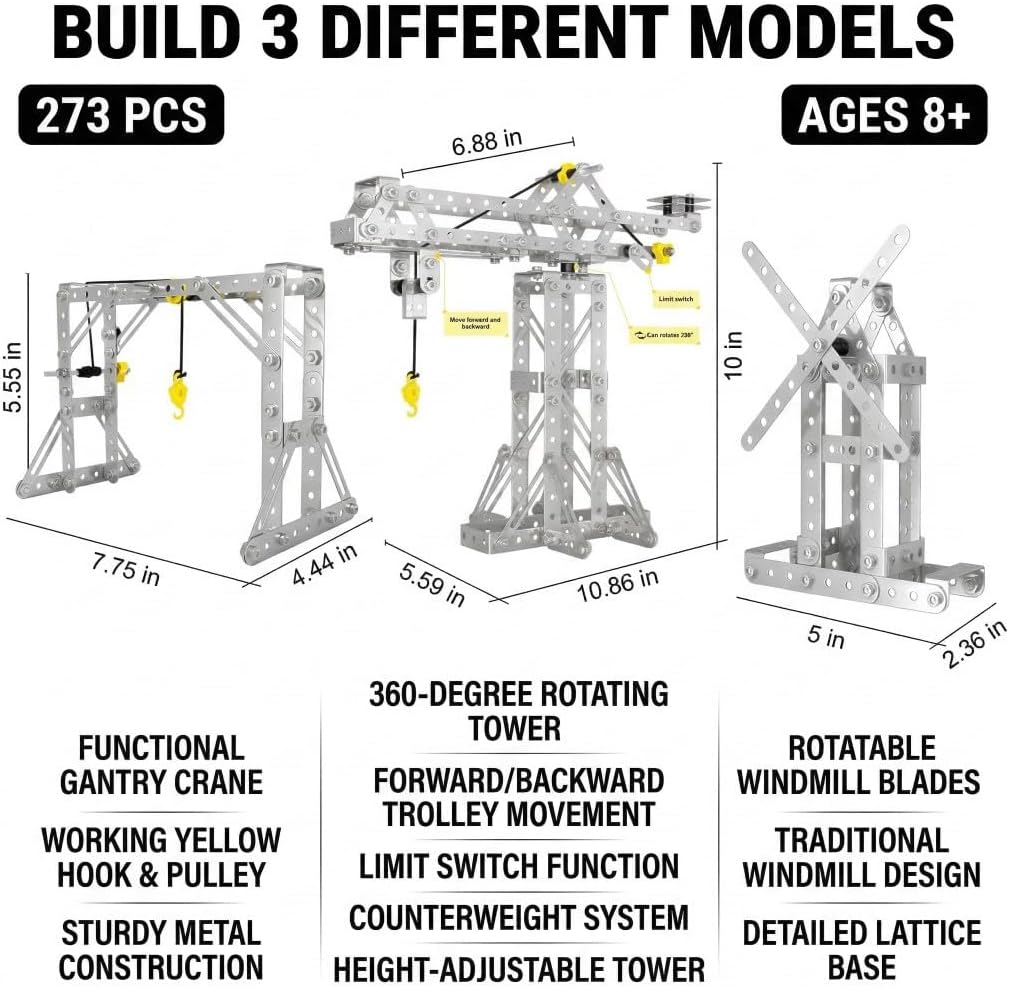 Metal Building Toys, 273pcs 3 in 1 Tower Crane & Frame Crane & Windmill Metal Model Set,Erector Sets for Boys Age 8-12,DIY Building Stem Projects Toys for Kids,Birthday Gifts for Model Crane Fan