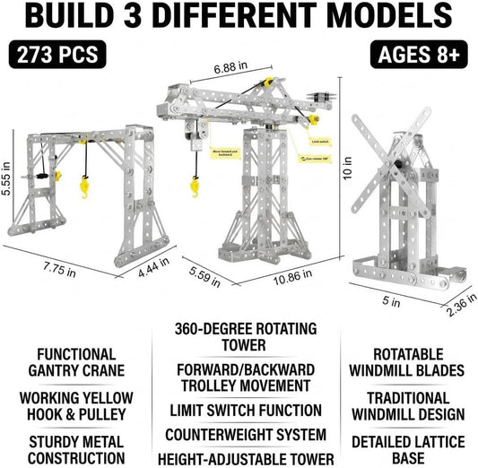 Metal Building Toys, 273pcs 3 in 1 Tower Crane & Frame Crane & Windmill Metal Model Set,Erector Sets for Boys Age 8-12,DIY Building Stem Projects Toys for Kids,Birthday Gifts for Model Crane Fan