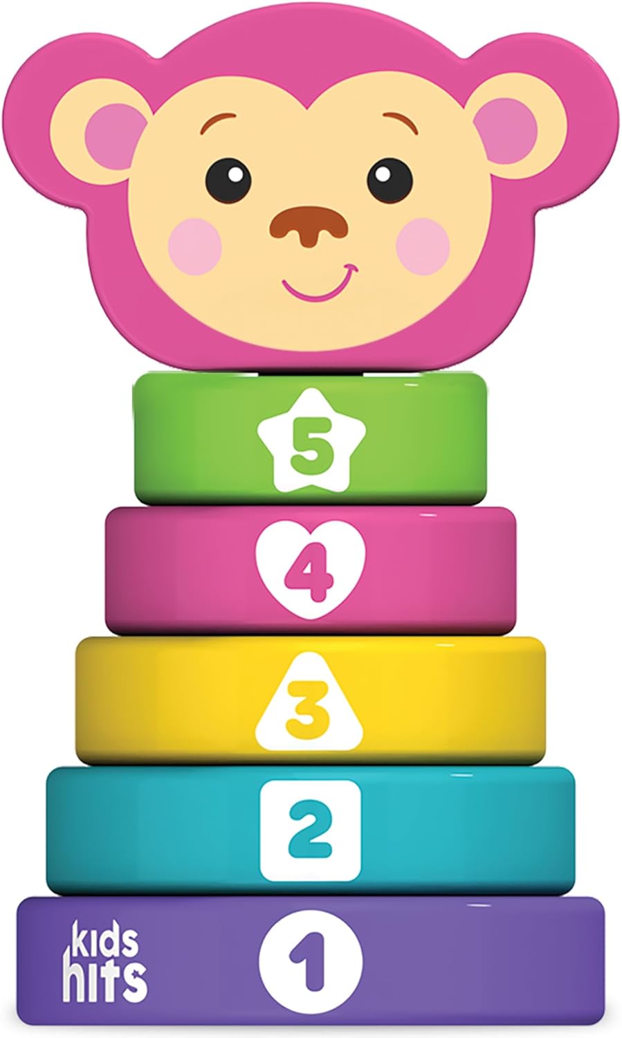 Kids Hits Stack and Play Monkey – Wooden Stacking Ring Toy with Numbers, Shapes & Colors – Montessori Learning Toy for Toddlers Ages 1+