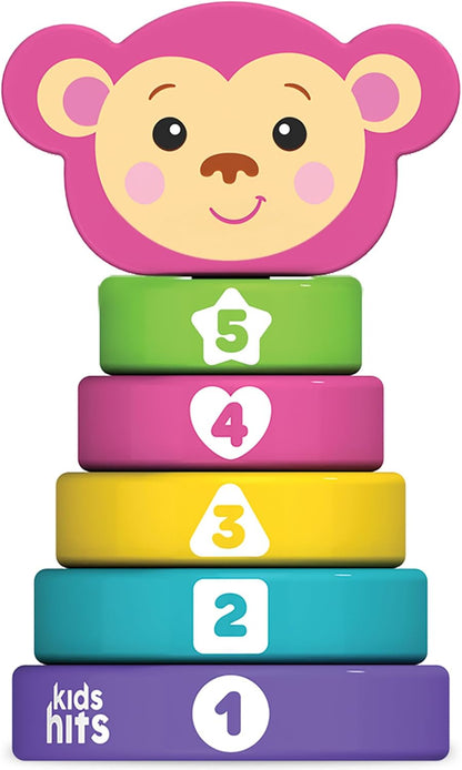Kids Hits Stack and Play Monkey – Wooden Stacking Ring Toy with Numbers, Shapes & Colors – Montessori Learning Toy for Toddlers Ages 1+