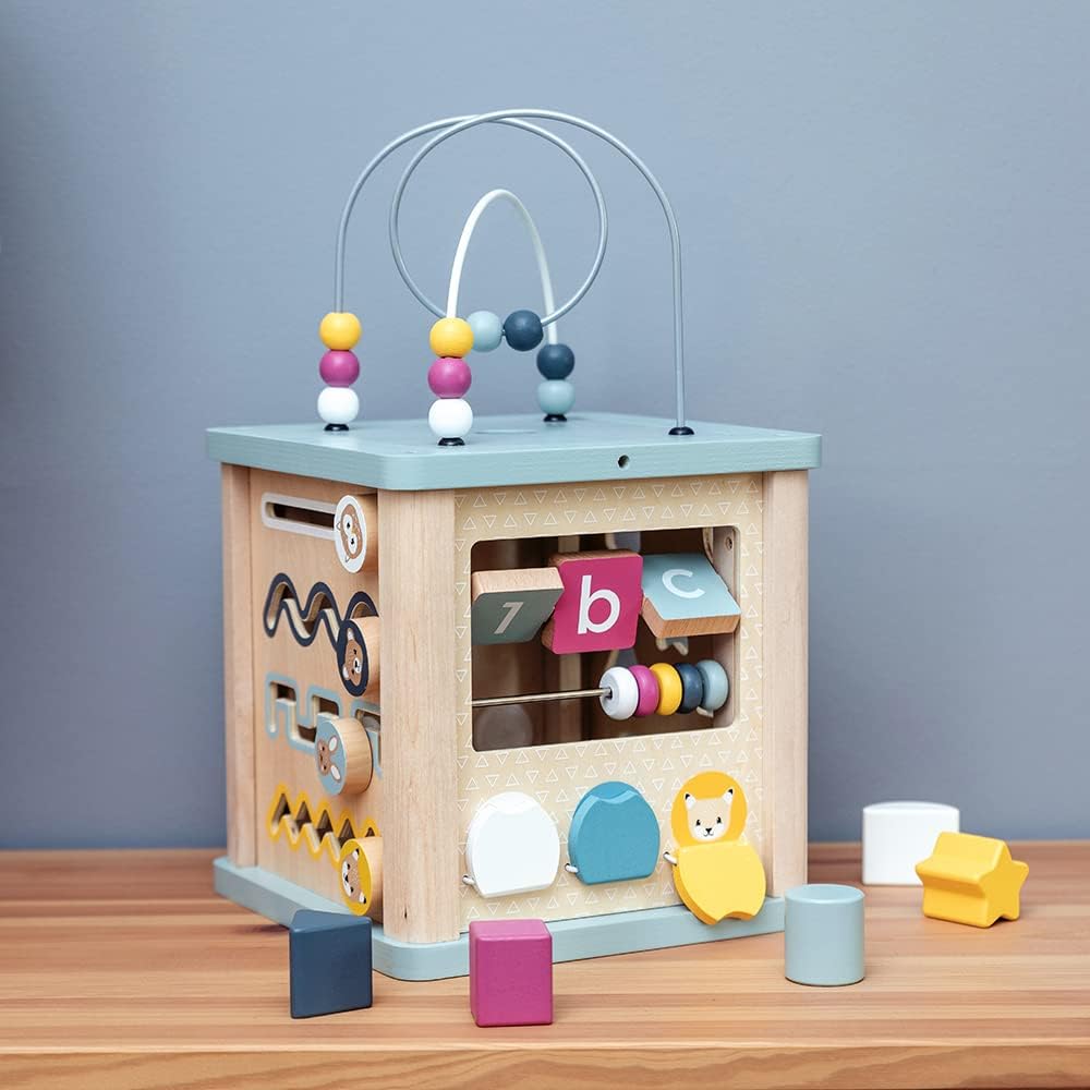 Bigjigs Toys Wooden Activity Cube - 100% FSC® Certified Busy Centre with Shape Sorter & Bead Maze, Sustainable Sensory Toys for 1 Year Old, 22cm W x 23cm H