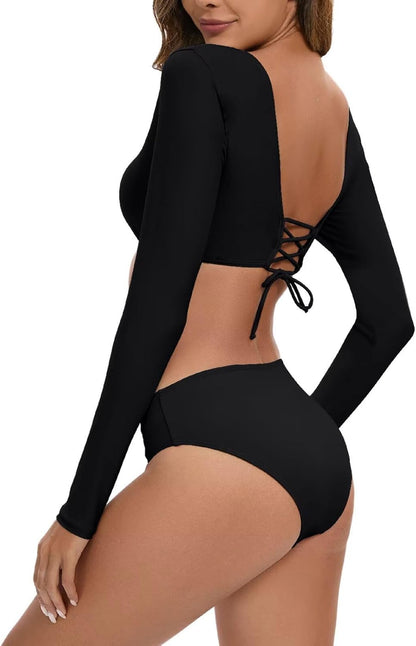 JadeRich Women's Fashion Pattern Long Sleeve Tankini Sets UPF 50+ Rash Guard Swimsuit Sun Block Swimwear