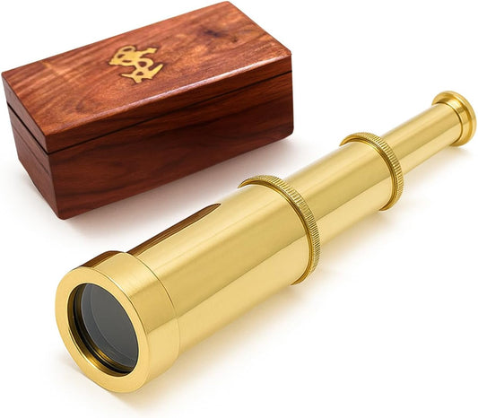 NauticalMart 6 Inch Brass Telescope with Wooden Box for Nautical Collectibles and Pirate Spyglass for Young and Adults, Ideal Decorative Piece for Home or Office