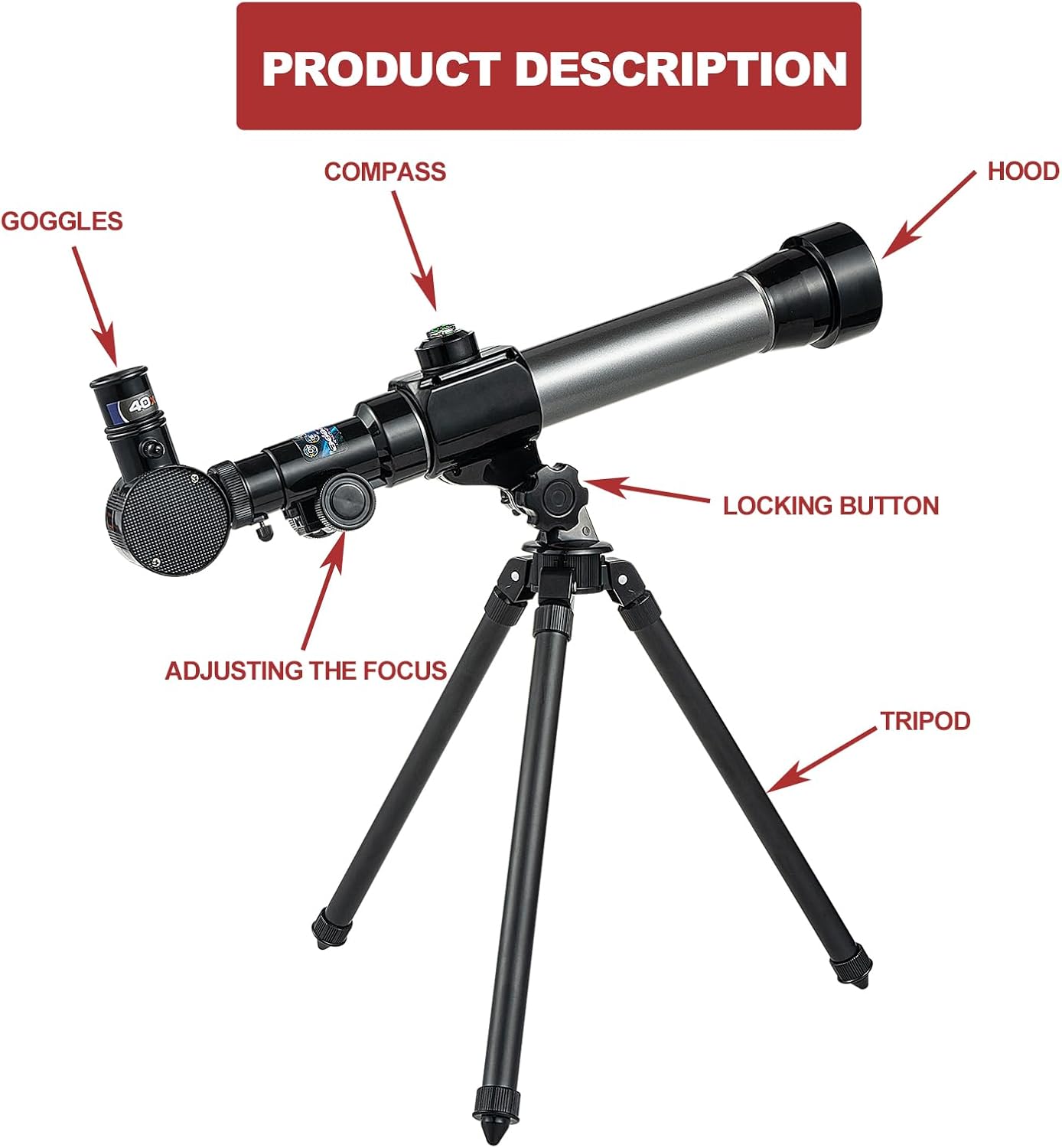 Telescope for Kids 8-12 - Beginner Astronomy Spyglass Telescopic Wish Compass,20x 30x 40x Magnification, Portable for Travel, Gift&Toy for Girls Boys Christmas