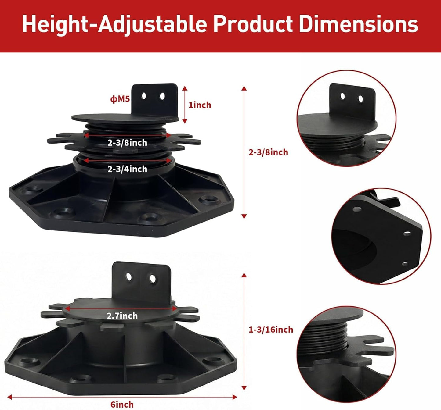 10-Pack Adjustable Deck Support Pedestal for Floating Deck Platform, Height Adjustment Range from 1-3/16" to 2-3/8", Black, Durable Deck Blocks, Easy Installation, Versatile Use