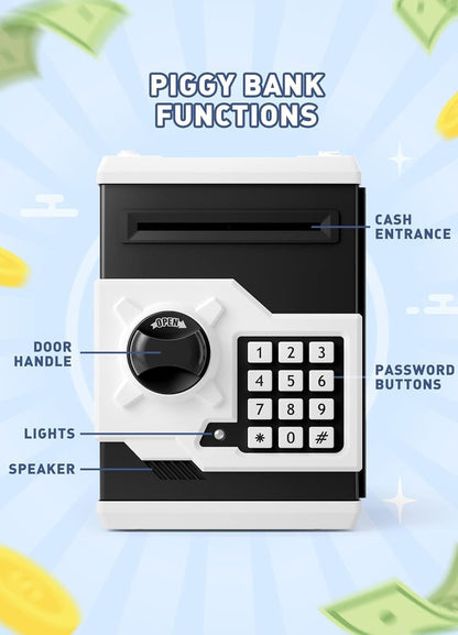 Playsheek Piggy Bank for Girls Boys Large Electronic Money Coin Banks with Password Protection, Automatic Paper Money Scroll Saving Box, Great Gift for Kids(Black-White)