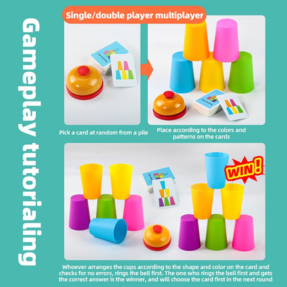 Quick Cups Games for Kids Intellectual Flying Stack Cups,Stacking Cups Games Parent-Child Interactive Game with 24 Picture Cards, 30 Cups