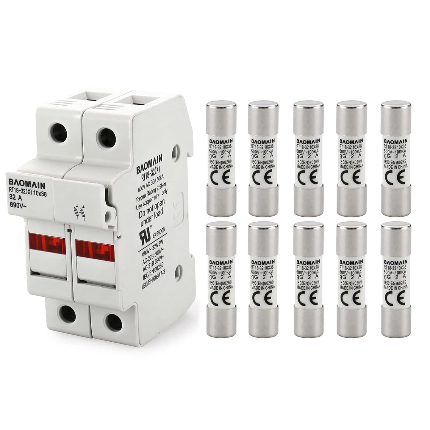 Baomain RT18-32 Fuse Holder Base with 10x20A Ceramic Fuses (10x38mm) – 2 Pole DIN Rail Mount, LED Indicator, CE Certified (20 Amp)