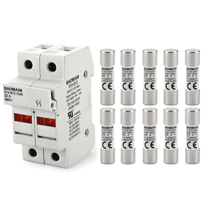 Baomain RT18-32 Fuse Holder Base with 10x20A Ceramic Fuses (10x38mm) – 2 Pole DIN Rail Mount, LED Indicator, CE Certified (20 Amp)