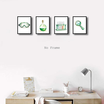 ZRYF Science wall art Prints,Green and Interesting Science Explore Canvas Posters,Chemistry Classroom Wall Prints for Laboratory Kids Classroom Bulletin Board Decor,Set of 4 (8"x10" Unframed)