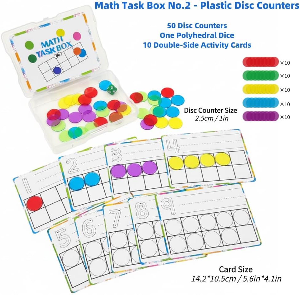 Math Task Boxes Set of 5 Math Manipulatives Themes 230+ Pieces of Number Rods, Base Ten Blocks, Ten Frame Disc Counters, Place Value Blocks, 0-9 Numbers, 3D Shapes, Counting Blocks Activity Cards