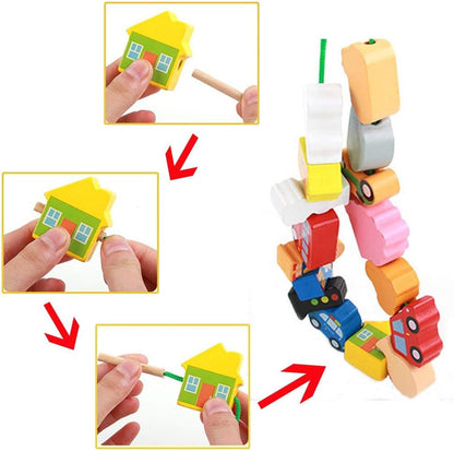 Lacing Farm Toy Wooden Block Set, Early Educational Toys String & Lacing Beads Games for Toddlers Kids Farm Animal Learning Play Set (16 Pieces)