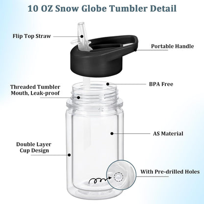 4 Pack 10 Oz Plastic Double Wall Snow Globe Tumbler, Snowglobe Tumbler with Pre Drilled Hole and Plug, Snow Globe Cups Kid Water Bottle DIY Gift for Scool, Sport