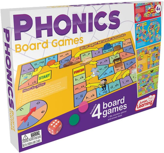Junior Learning Phonics Board Games Set, 6 Counters, Ages 4-5, Language Skills, Pre K-K, Medium