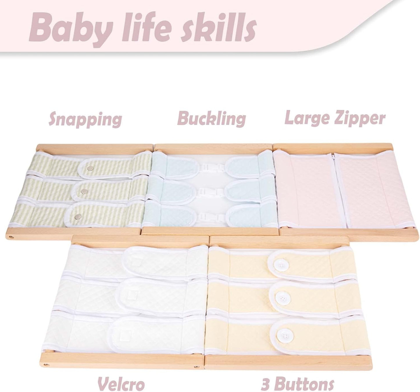 Montessori Wooden Toys for Dressing Learning Board Learning Basic Dressing Skills - Buttons, Snaps, Zippers, Belt Buckles & Hook-and-Loop Fastener Toys for 1 2 3 Year Old Toddlers Sensory Toy Gifts