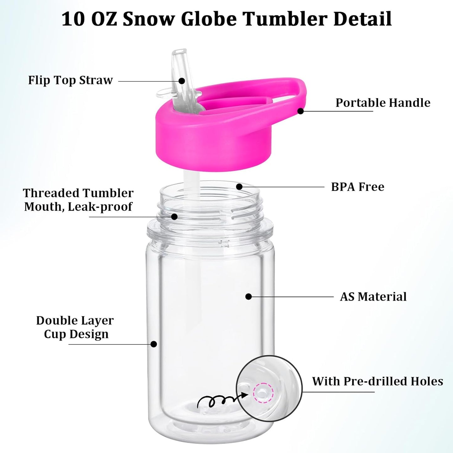 4 Pack 10 Oz Plastic Double Wall Snow Globe Tumbler, Snowglobe Tumbler with Pre Drilled Hole and Plug, Snow Globe Cups Kid Water Bottle DIY Gift for Scool, Sport