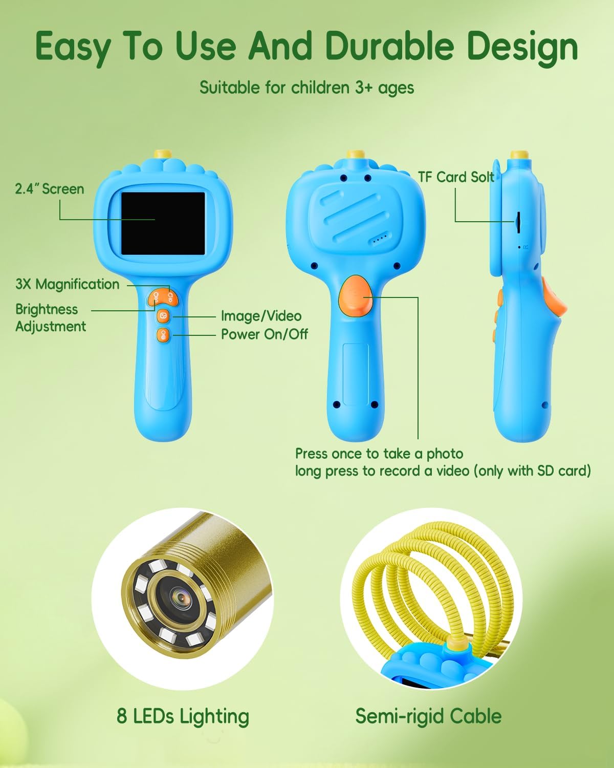 Borescope Camera with Light for Kids, Ashfly STEM Science Educational Toy for 3 4 5 6 7 8 Years Old Boys & Girls, 2.4" Screen Snake Scope Camera for Birthday Outdoor Camping Nature Exploration-Green