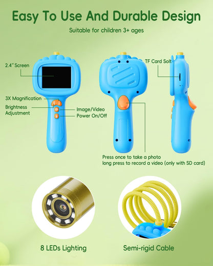Borescope Camera with Light for Kids, Ashfly STEM Science Educational Toy for 3 4 5 6 7 8 Years Old Boys & Girls, 2.4" Screen Snake Scope Camera for Birthday Outdoor Camping Nature Exploration-Green