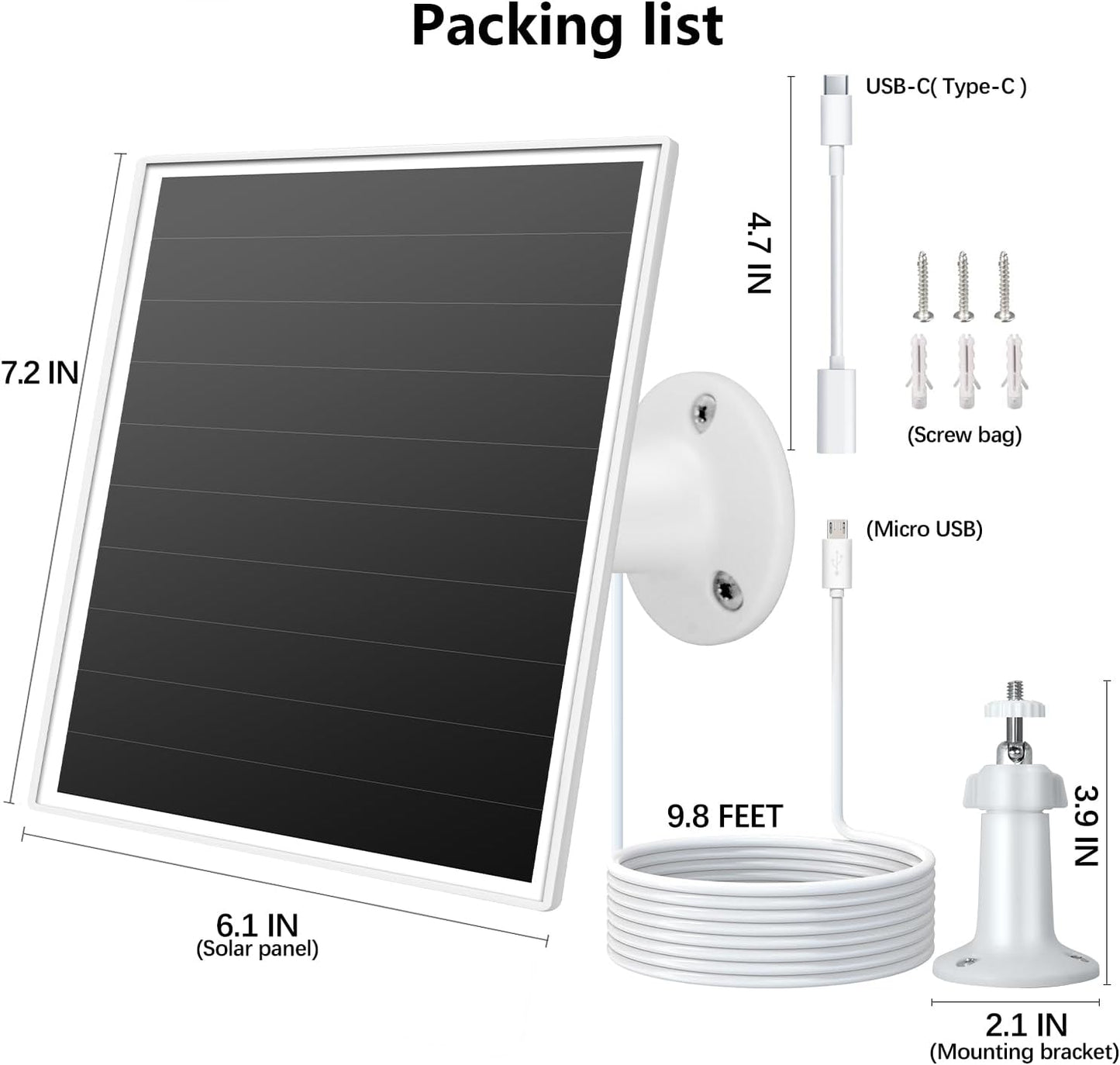 6W Solar Panel for Outdoor Security Camera with Micro USB & USB - C Port, Solar Panel Charger for Battery Camera, Fits Wyze/Reolink DC 5V Output, IP65/360° Adjustable, 9.8ft Cable, Fast Charging