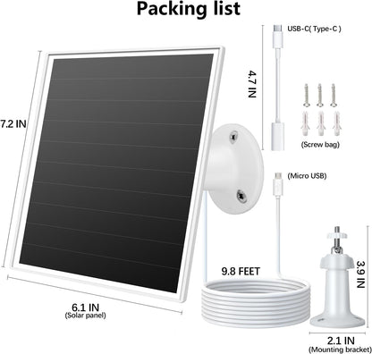 6W Solar Panel for Outdoor Security Camera with Micro USB & USB - C Port, Solar Panel Charger for Battery Camera, Fits Wyze/Reolink DC 5V Output, IP65/360° Adjustable, 9.8ft Cable, Fast Charging