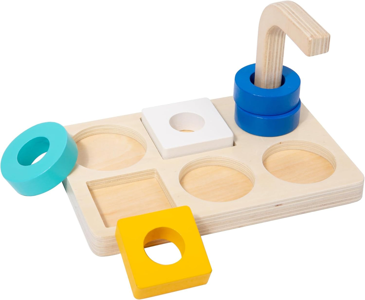 Adena Montessori Wooden Stacking and Sorting Ring,Wooden Rings on Peg,Colorful 5 Shapes on Curved Peg Horizontal Dowel Variation,Fine Motor Skills Development Toys for 1 2 3 Years Old Toddlers