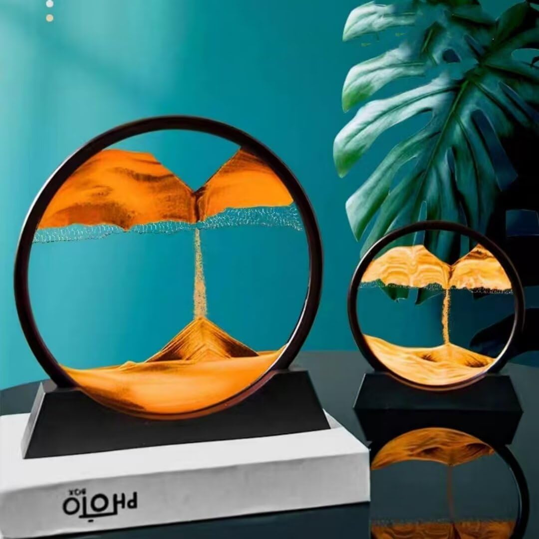 BGFJYUK Moving Sand Art Picture in Motion, Round Tempered Glass 3D Deep Sea Sandscapes with Display Flowing Sand Frame for Relaxing Desktop Home Office Work Décor for Kids Adults （Blue, 7inch