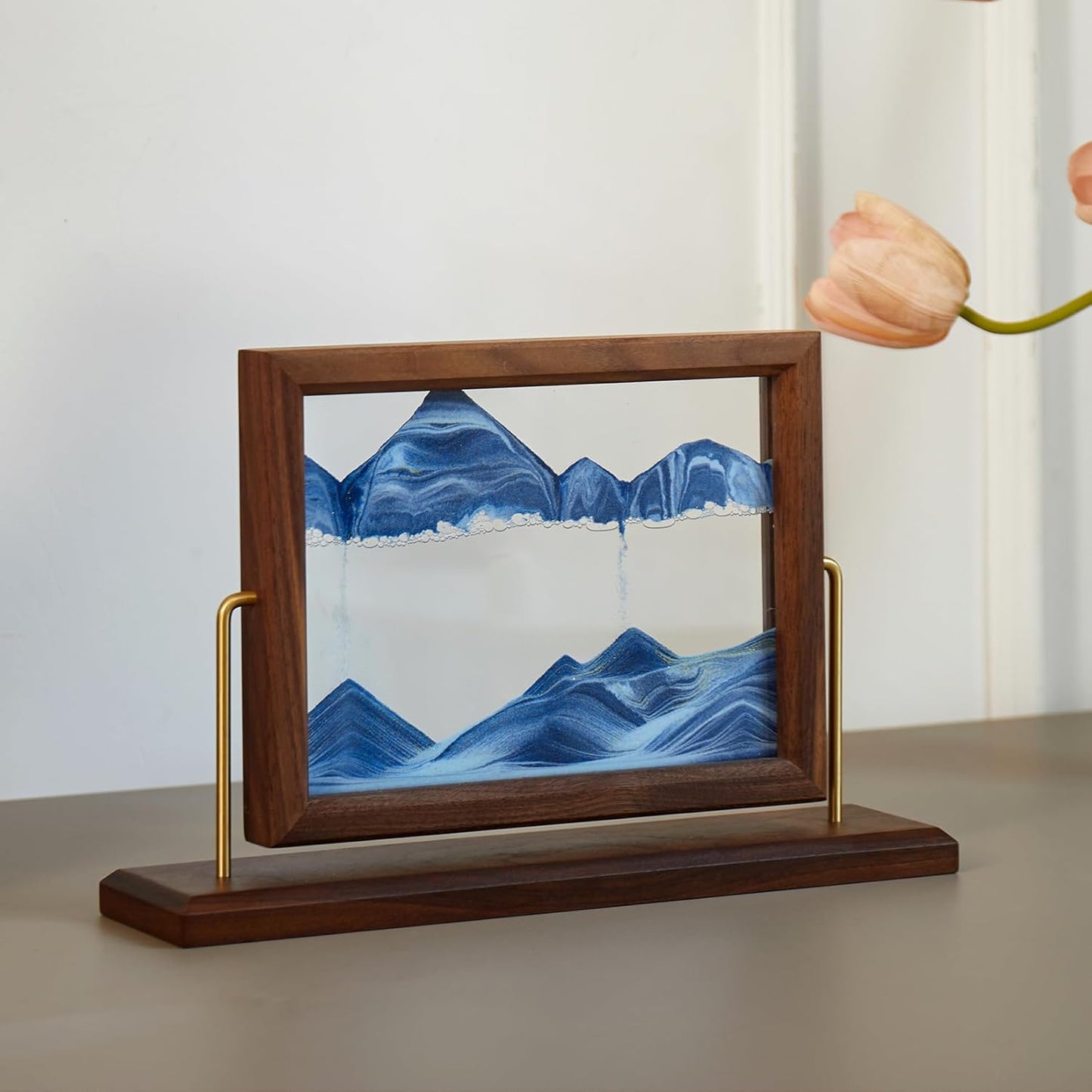 Solid Wood Oasis Mini Art Liquid Motion 360-Degree Rotation, Made of Black Walnut and H62 Brass, 3D Highly Transparent Office Decor (Desert)