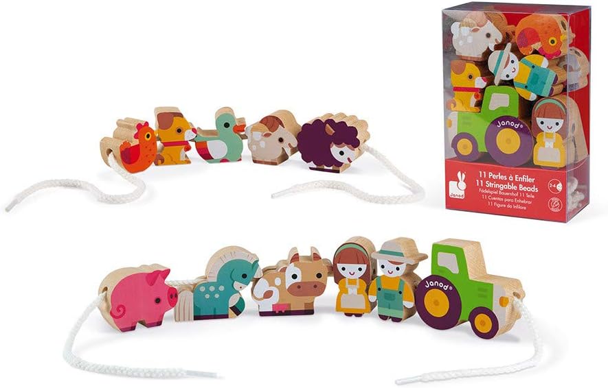 Janod - Stringable Farm-Themed Wooden Beads Set 11 Pieces - Designing Custom Jewelry - Imagination Development - Boosts Creativity and Motor Skills - Encourages Imaginative Play
