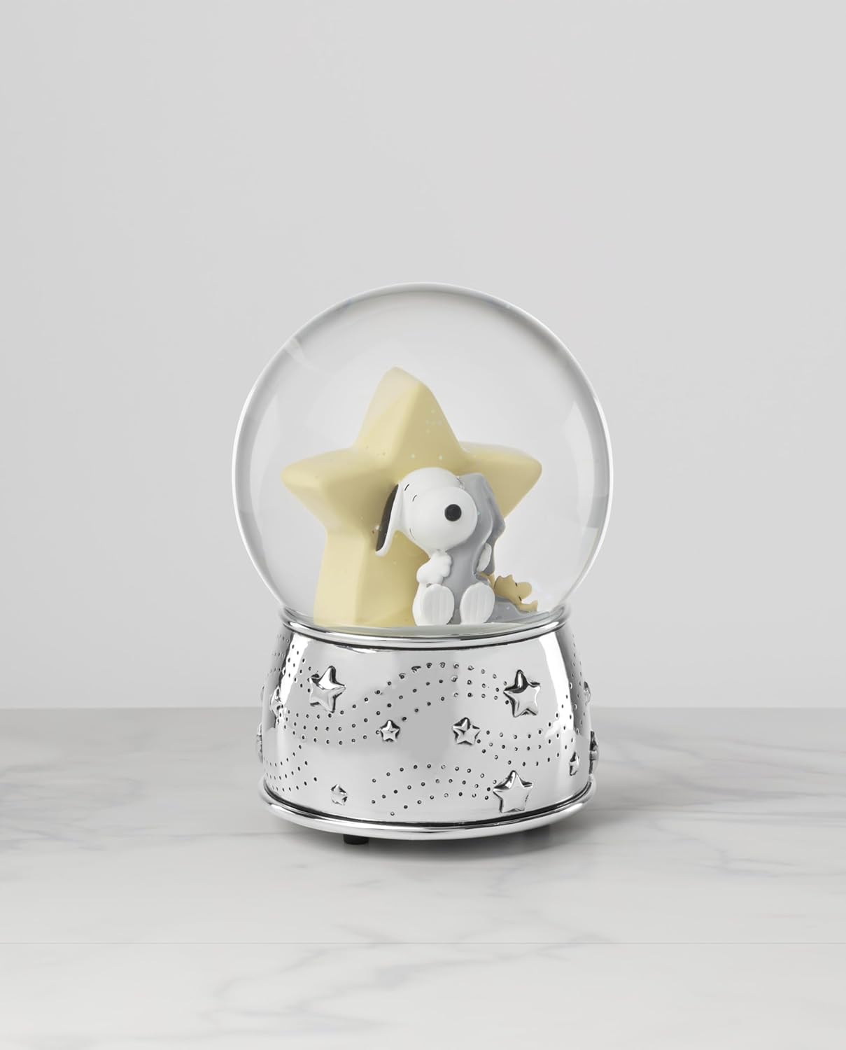Reed and Barton Home Decor, Little Snoopy Musical Water Globe, Made from Metal & Glass, Room Decor, Plays Rock-A-Bye Baby, Snow Globe, Kids Gift, Decorations, Snoopy Design (Silver & White, 1 Piece)