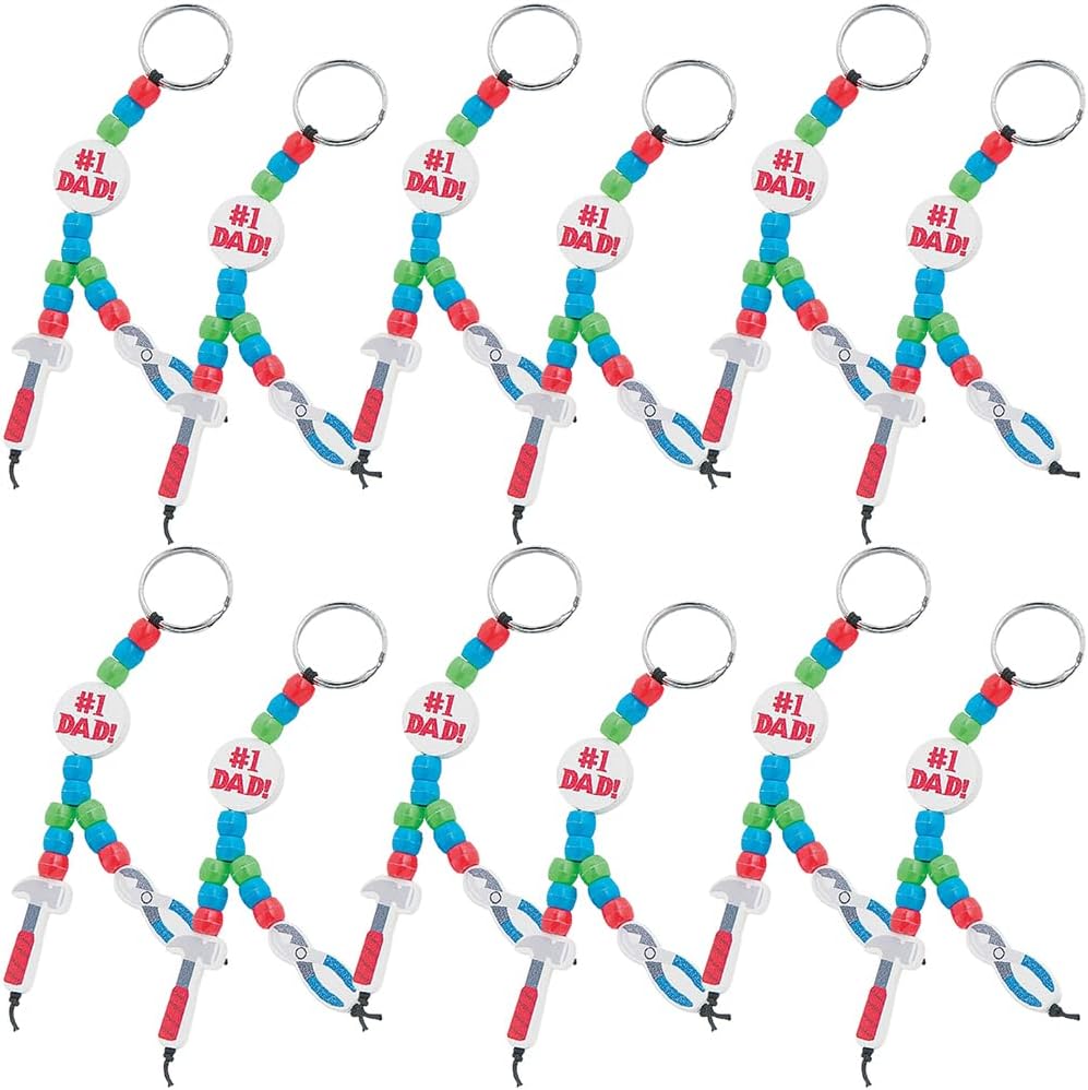 Fun Express #1 Dad Tool Beaded Keychain Making Kit - Makes 12 DIY Keychains with Beads & Supplies | Father's Day Craft Gifts for Kids | Classroom Crafts Bulk Project for Boys & Girls