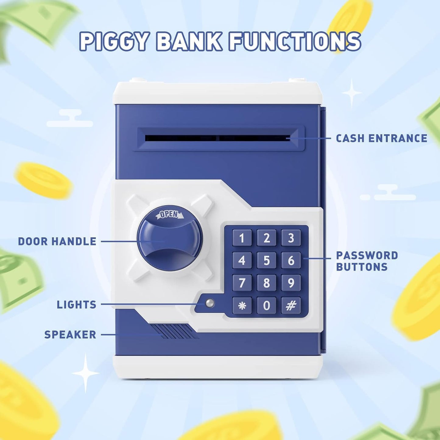 Playsheek Piggy Bank for Girls Boys Large Electronic Money Coin Banks with Password Protection, Automatic Paper Money Scroll Saving Box, Great Gift for Kids(Black-White)